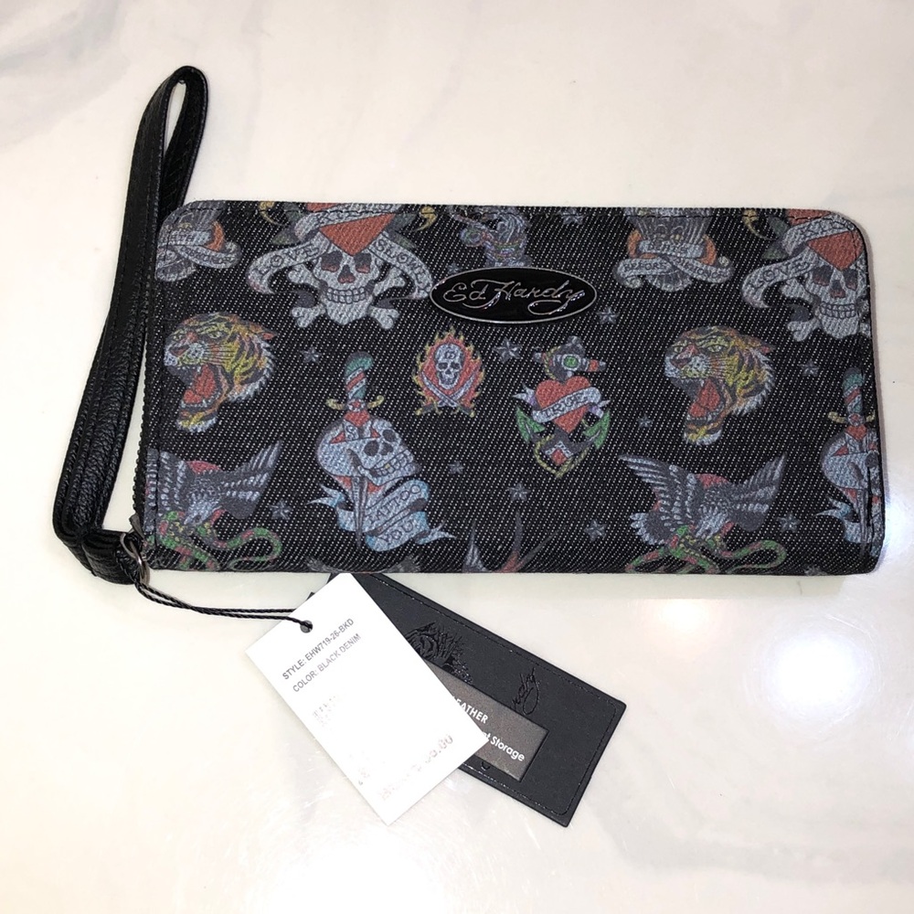 Ed Hardy Black Denim Multi Colored Signature Tattoo Print ZA Wallet + Strap NWT